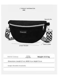 Détail du sac bandoulière en velours noir avec sangle géométrique et dimensions
