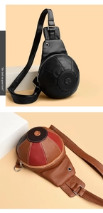 Detail of unique spherical crossbody bag showing litchi grain texture and zipper closure