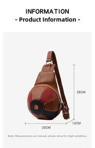 Detail view of basketball-shaped chest bag showing mixed leather textures and dimensions