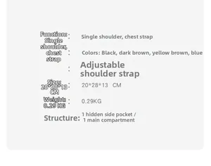 Detailed technical specifications for lightweight crossbody bag showing dimensions and colors