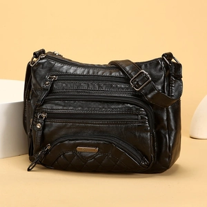 Multi-pocket black soft washed leather crossbody bag with rhombic stitching and adjustable strap