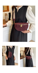 Detail of burgundy suede fanny pack with golden zippers and geometric woven strap