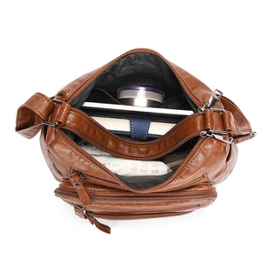 Brown soft PU leather shoulder bag with multi-layer zipper and large capacity storage