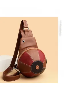 Close-up of a basketball-shaped crossbody bag with lychee grain leather and metal hardware