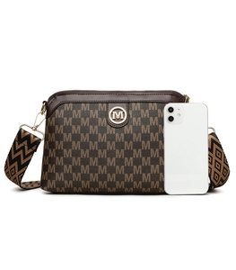 Detailed view of brown vintage crossbody bag with letter print and woven strap size comparison