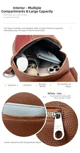 Detail view of brown patchwork chest bag with spacious interior and silver hardware zippers