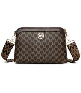 Close-up of vintage brown crossbody bag with M-pattern texture and gold metal logo