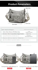 Detailed size specifications for grey multi-pocket soft leather crossbody handbag
