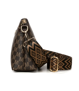 Detail of dark brown leather crossbody bag with M print and woven geometric strap
