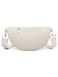 Détail du sac demi-lune en velours côtelé blanc avec bandoulière et fermeture éclair
