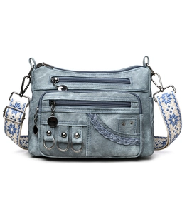 Detail of light blue denim crossbody bag featuring multi-pocket design and patterned strap