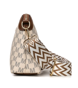 Detail view of the retro M-print crossbody bag with premium brown leather piping and hardware