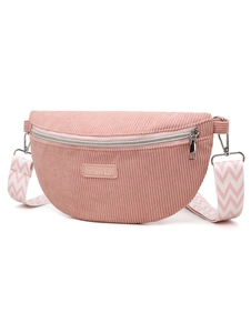 Détail du sac bandoulière en velours côtelé rose avec fermeture éclair et sangle chevron