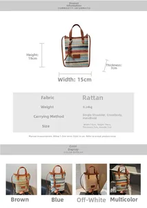 Detail view showing dimensions 15x19x7cm and color options for woven straw beach bag