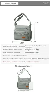 Detailed size chart of grey nylon crossbody bag with iPhone 12 for scale comparison