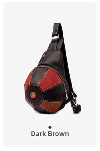 Macro detail of ball-shaped crossbody bag featuring textured brown leather and silver zipper