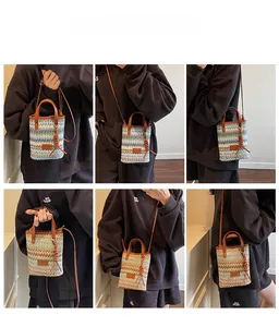 Detail shots of colorful striped woven beach bag with leather handles and fringe charm