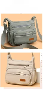 Detail view of multi-pocket crossbody bag in grey and beige with waterproof nylon fabric