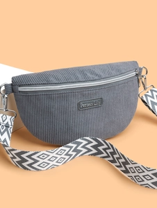 Sac bandoulière en velours côtelé gris foncé avec une sangle à motif zigzag tendance