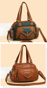 Detail of multi-pocket soft leather handbags with floral metal zippers and woven trim