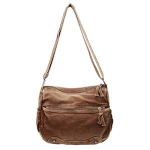 Borsa a tracolla vintage in tela lavata marrone con tasche multiple e tracolla