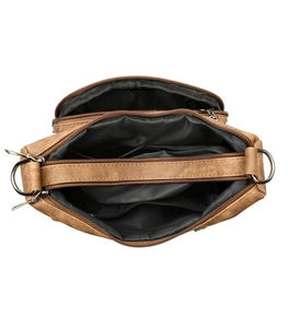 Internal structure of tan crossbody bag showing multiple zipper pockets and compartments