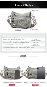 Detailed size specifications for the multi-pocket shoulder bag with dimension comparison