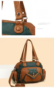 Detail of dark green leather handbag with vintage hardware and woven texture accents