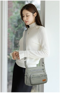 Detail view of water-resistant dark grey crossbody bag with multi-pocket zipper design