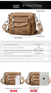 Detailed size comparison of brown retro crossbody bag with iPad and iPhone view