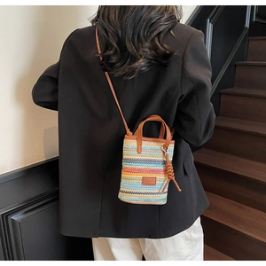 Detail of a mini rainbow straw crossbody bag shown from behind on a stylish model