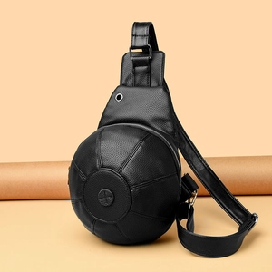 Unique basketball shaped black faux leather chest bag with zipper and adjustable strap
