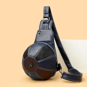 Crossbody basketball bag in blue and black textured leather with contrast stitching