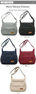 Nylon crossbody bag with multi-zipper compartments in grey, black, blue, burgundy, and khaki