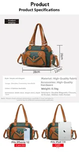 Detailed size chart of contrast color soft leather shoulder bag with compartment info