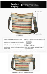Detailed view of striped woven tote bag with dimensions 23x25x10cm and inner zip pocket