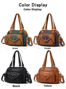 Detail view of color options for a soft leather shoulder bag with functional pockets