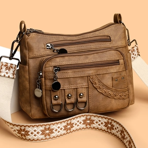 Women Crossbody Bag Multi-pocket Synthetic Leather Retro Shoulder Handbag Large Capacity Ethnic Jacquard Wide Strap
