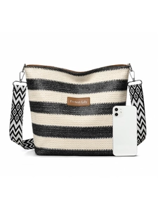 Detail of woven tote bag with Perfect Lily leather label and geometric strap