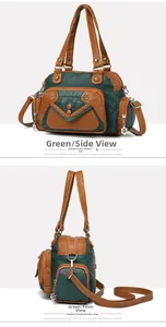 Detail of dark green textured handbag showing dual views, flower charms and woven pocket