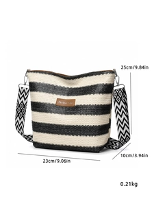 Detailed view of striped woven tote bag with 25x23x10cm size and detachable shoulder strap