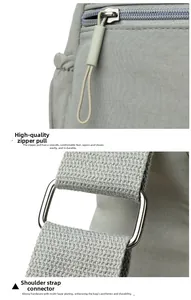 Detail of smooth metal zipper pull and electroplated hardware on grey shoulder bag