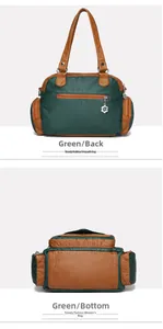 Macro details of dark green patchwork bag showing back zipper and wide bottom view
