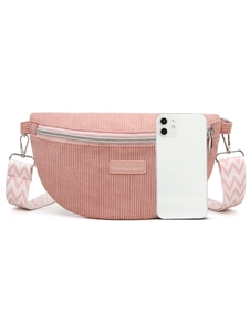 Sac bandoulière en velours côtelé rose avec sangle réglable et témoin de taille