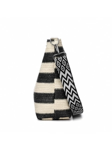 Detail of striped woven tote bag featuring a geometric embroidered wide shoulder strap