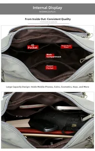 Detailed interior view of a grey nylon crossbody bag with multiple pockets for daily items
