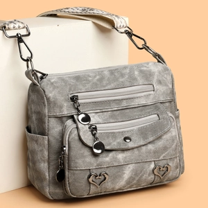 Women Retro Crossbody Bag Multi Pocket Vintage PU Leather Shoulder Purse With Wide Patterned Strap And Heart Metal Accents