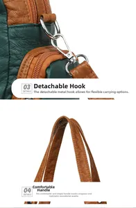Detail of silver metal hooks and reinforced handles on the green leather shoulder bag