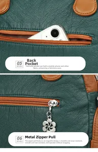 Macro shot of green pebble leather texture with zip pocket and flower metal puller