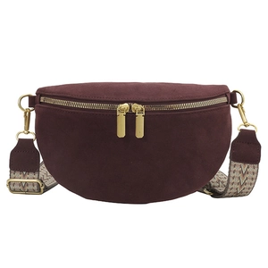 Women Suede Half Moon Crossbody Bag Retro Waist Chest Pack With Geometric Pattern Wide Strap Double Gold Zippers